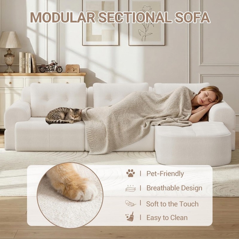 112" Modular Sectional Sofa Couch with Chaise L-Shaped Tufted Cloud Couch, Beige gallery