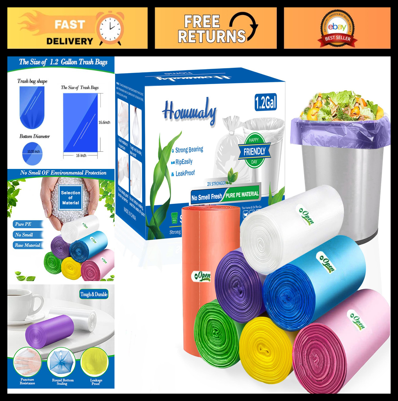350pcs Small Trash Bags 1.2 Gallon - Strong Multicolor Garbage Bin Liners for Ho gallery
