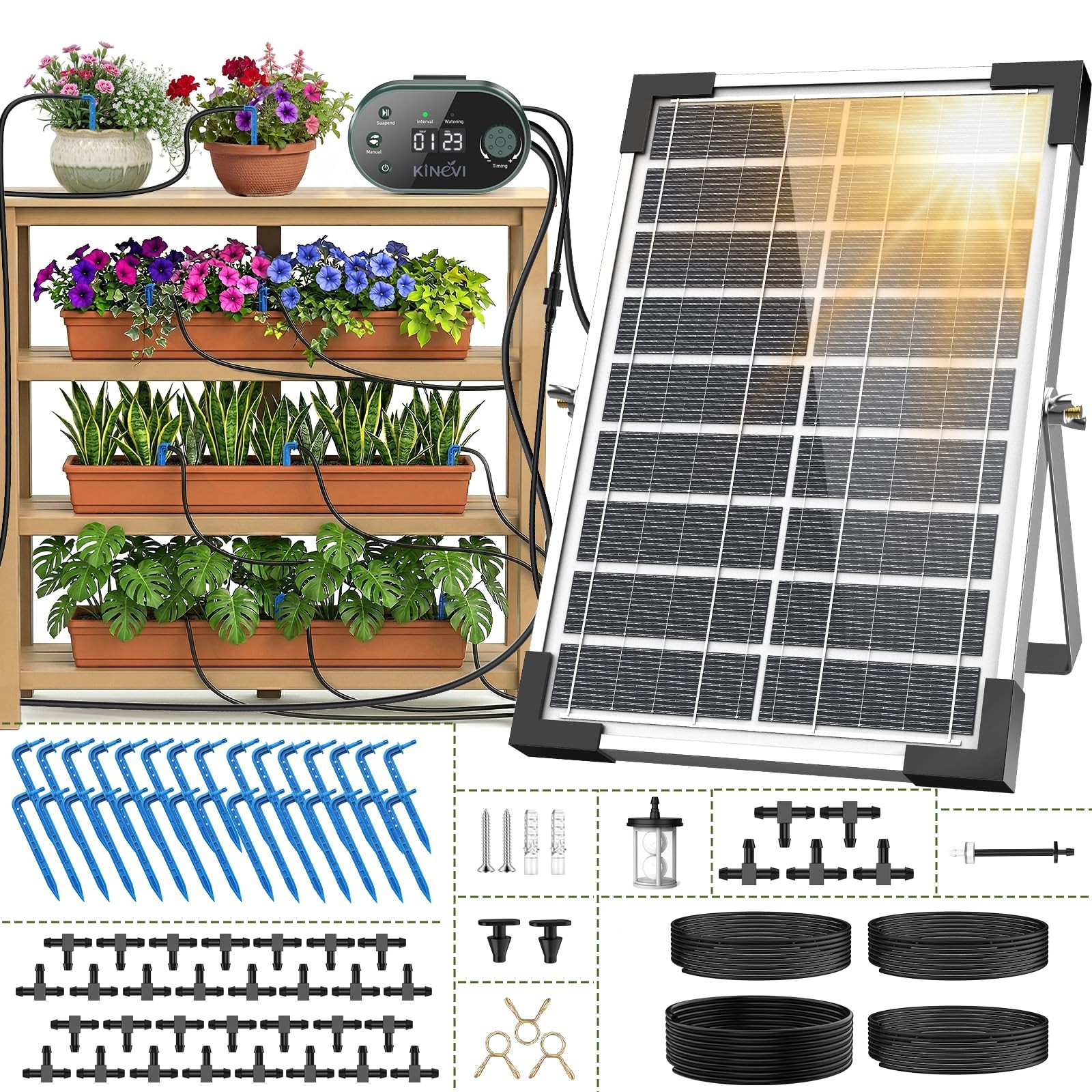 Solar Drip Irrigation System, 8W Powered Auto Watering Kit for 30 Pots, HD LE... gallery