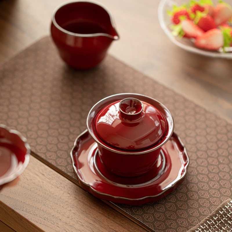 Jingdezhen Porcelain Gaiwan Solid Color Red Ceramic Tureen Cup Bowl Lid Saucer gallery