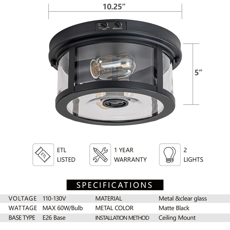 Front Porch Light Ceiling Mount Adjustable Sensor 2-Light Black Ceiling Light gallery