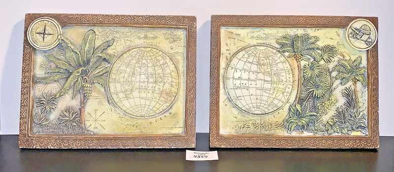 2 Globe Safari Map Ceramic Embossed Wall Art Plaques Tina Chaden ARTIQUE Vintage gallery