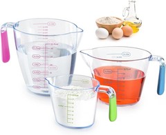 3 transparent plastic liquid measuring cups with dual ounce and milliliter