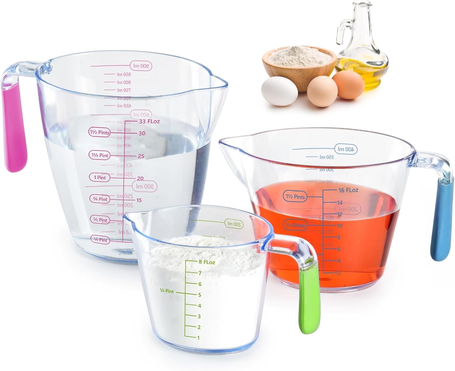 3 transparent plastic liquid measuring cups with dual ounce and milliliter gallery