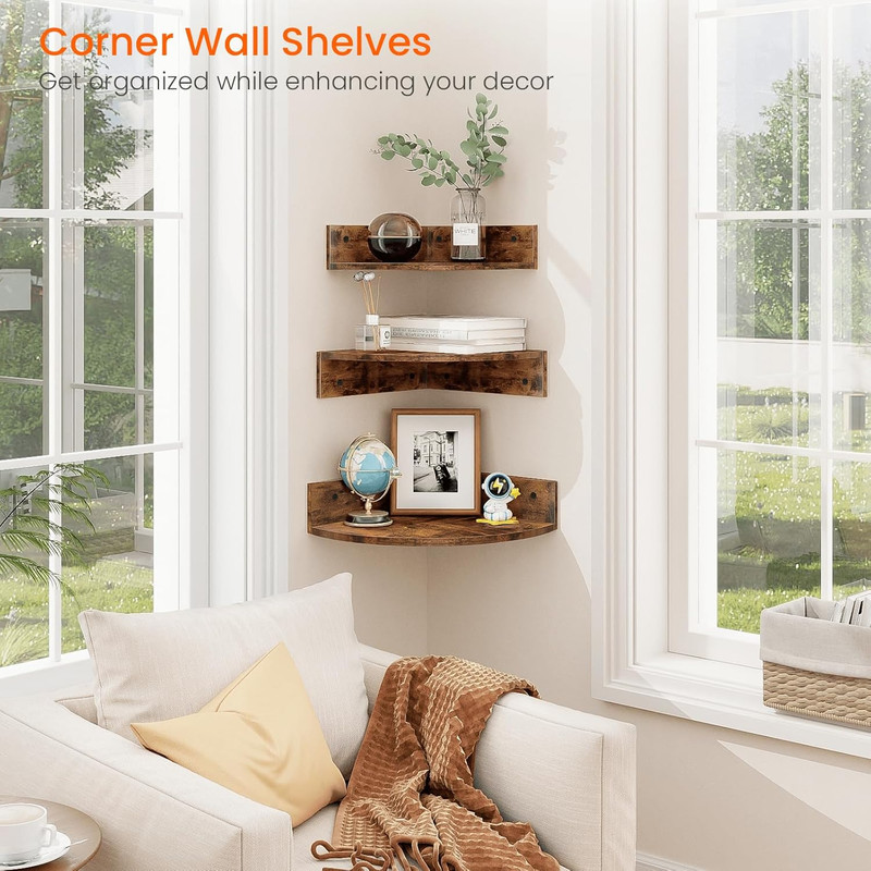 3 Tier Corner Wall Shelves Set Floating Wood Storage With Cord Hole Rustic gallery
