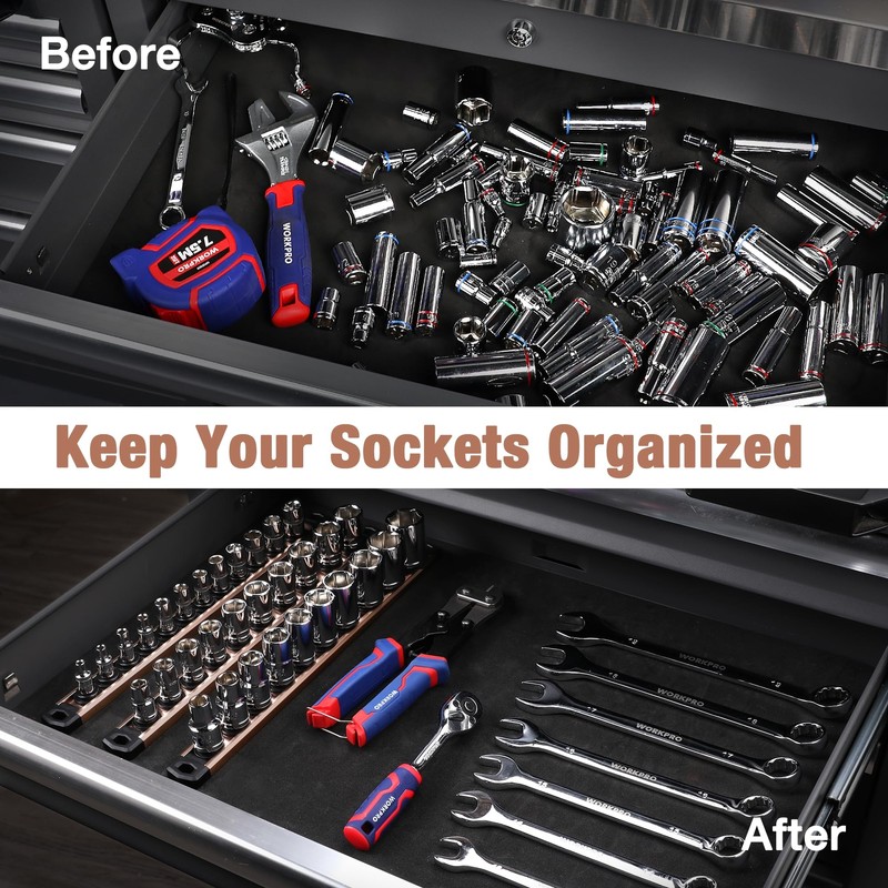 WORKPRO Magnetic Socket Organizer 1/4" Drive 12 Clips Aluminum Alloy Socket Rail gallery