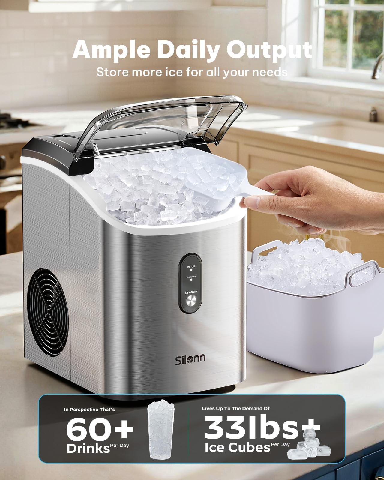 Nugget Ice Maker Countertop 33lbs Pellet Sonic Stainless Steel SLIM17T Silonn gallery