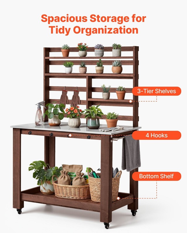 Backyard Potting Station: 45x26in Stainless Top, Fir Wood, 3 Shelves, Hooks gallery