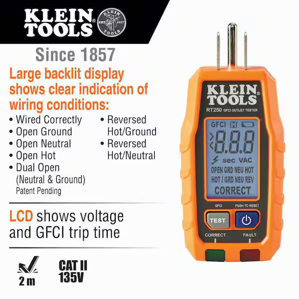 Klein Tools GFCI Electrical Outlet Tester with LCD Display gallery