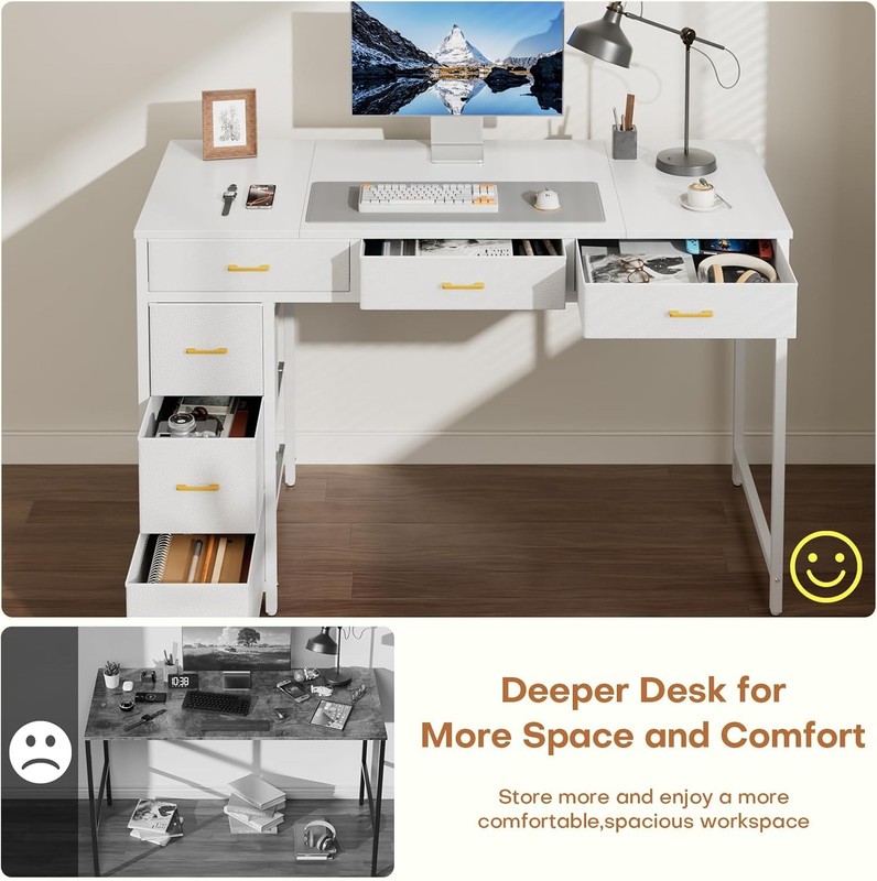 47 inch Computer Desk with 6 Fabric Drawers, Home Office Bedroom Desk,White gallery