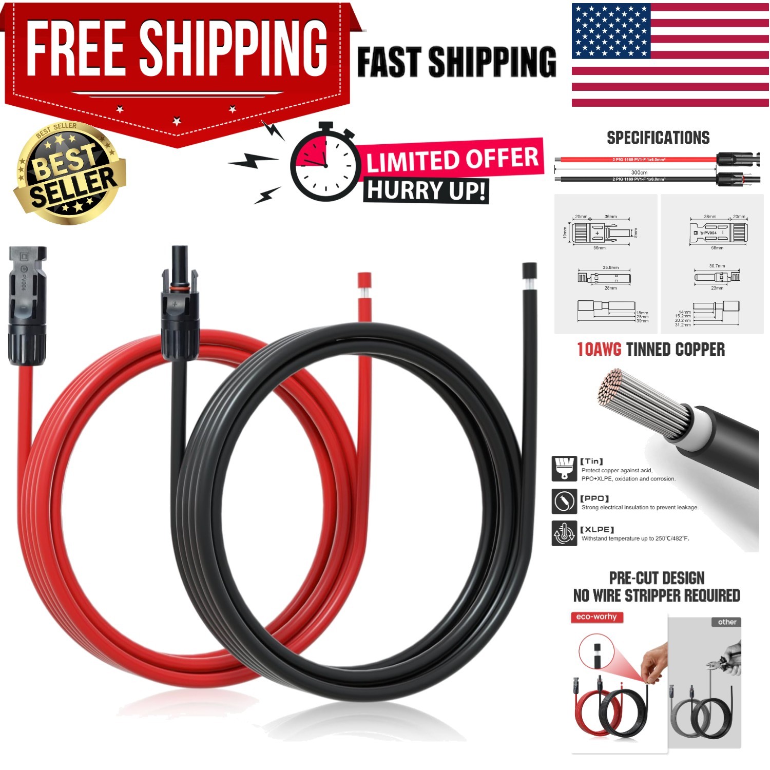 Universal Compatible 10AWG Solar Extension Cable 30A - Plug and Play Reliability gallery