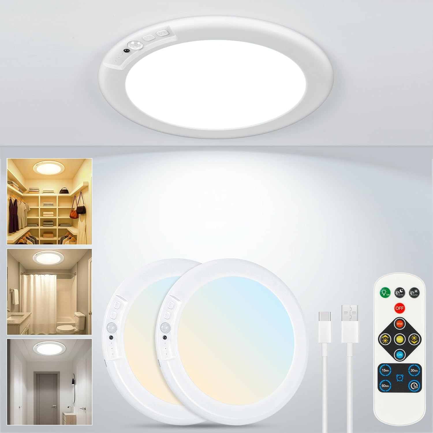 2/4 Pack Wireless Rechargeable Motion Sensor Ceiling Light with Remote Control gallery