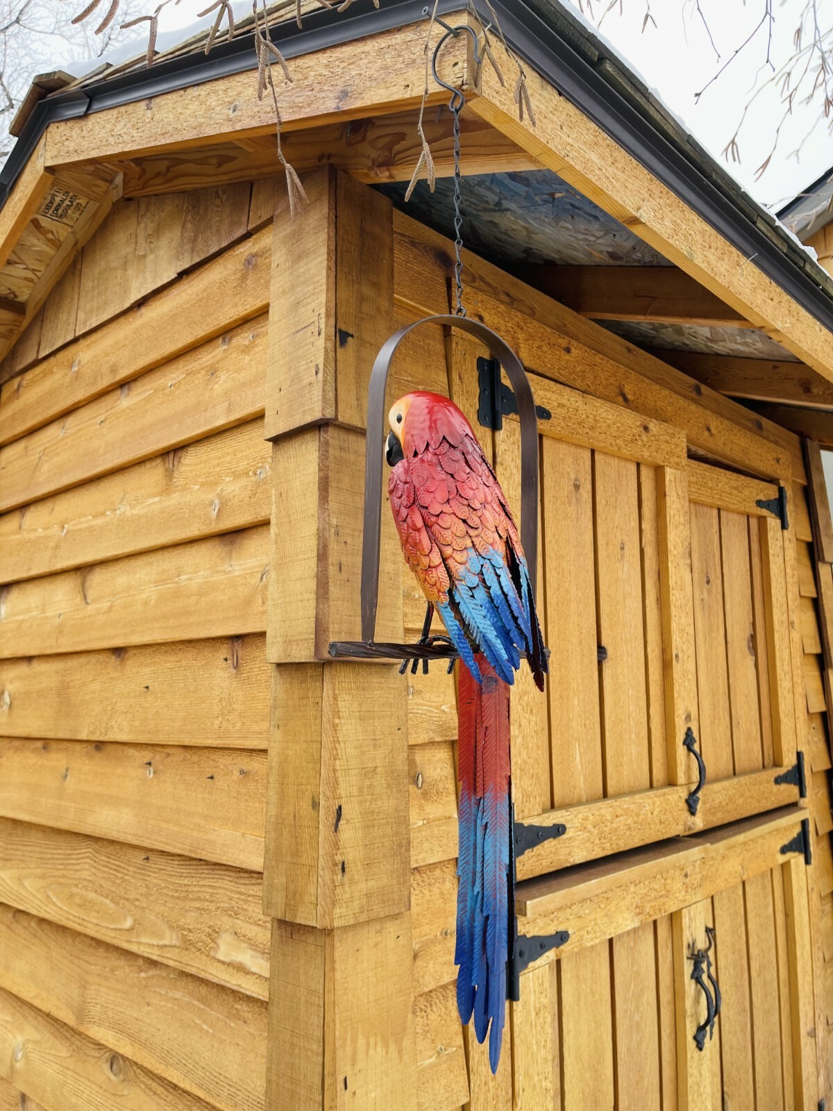 Hanging Whimsical Rustic Metal Swinging Macaw Parrot Tropical Bird On Chain Yard gallery