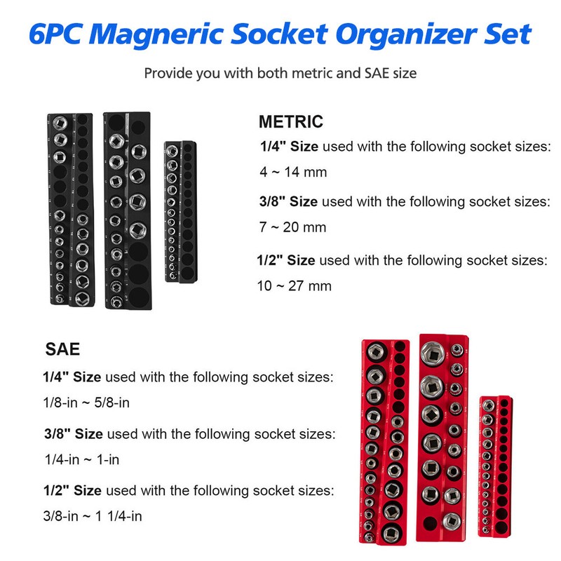 6-PACK Set Magnetic Socket Organizer Holder 1/4'' 3/8'' 1/2'' Drive SAE Metric gallery
