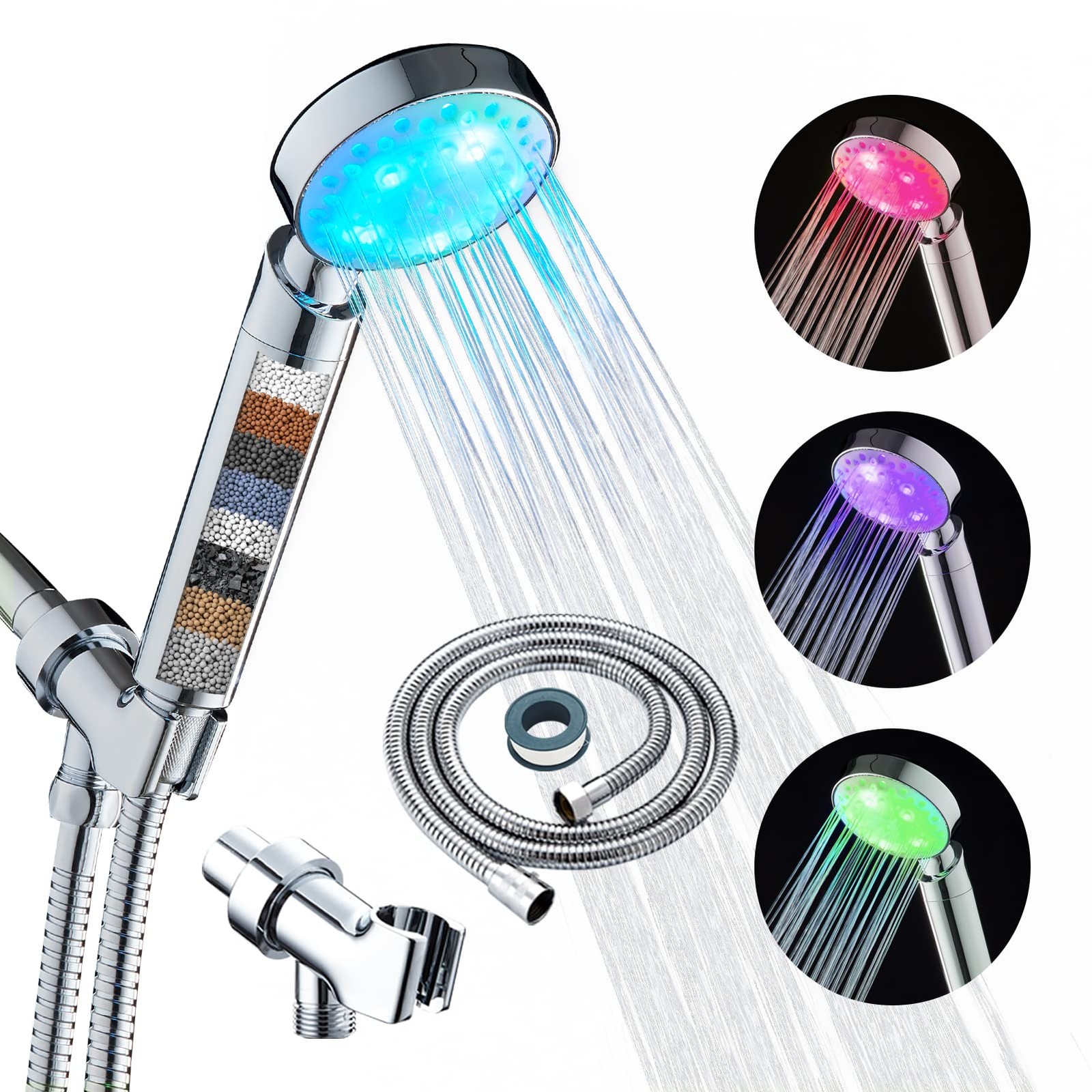 Filtered Led Shower Head for Hard Water 7 Color Light Change Automatically Handh gallery