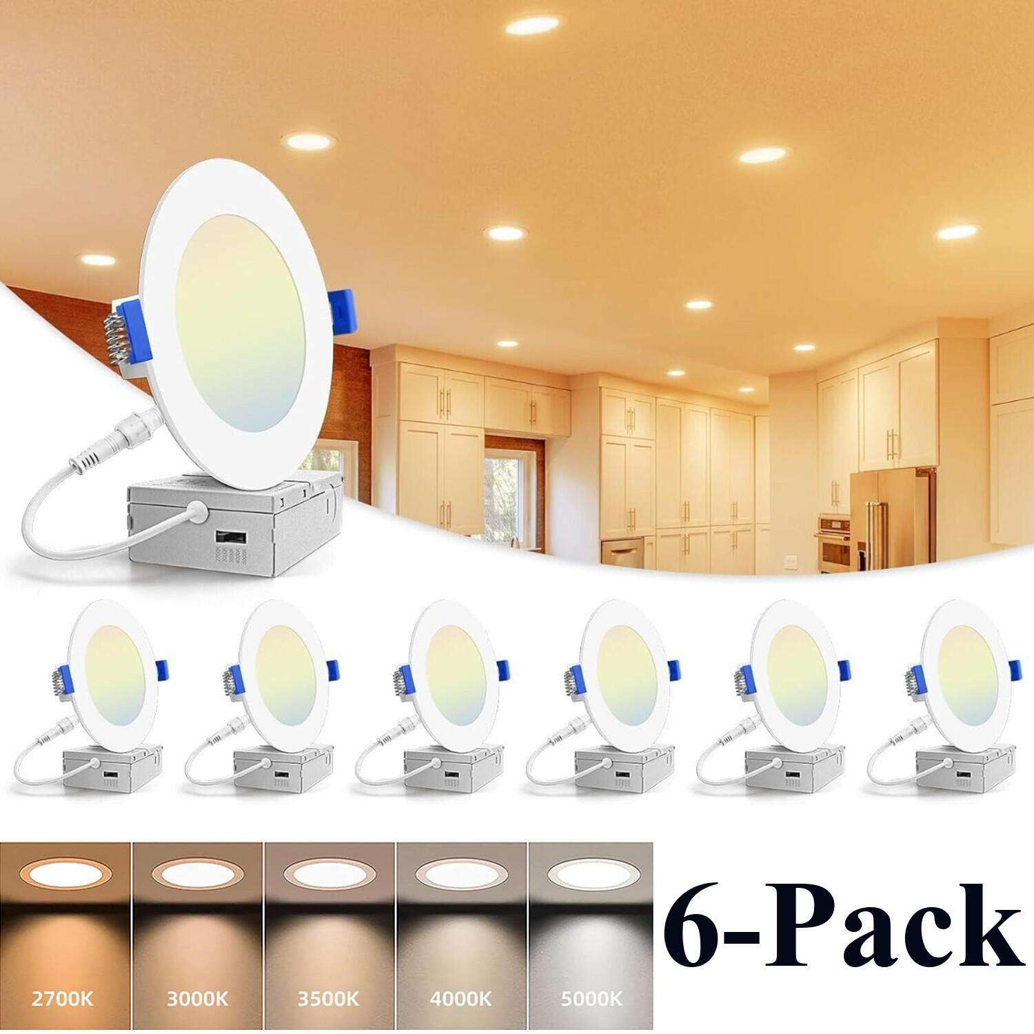 6 Inch LED Recessed Ceiling Light, 2700K/3000K/3500K/4000K/5000K 5CCT Selectable gallery