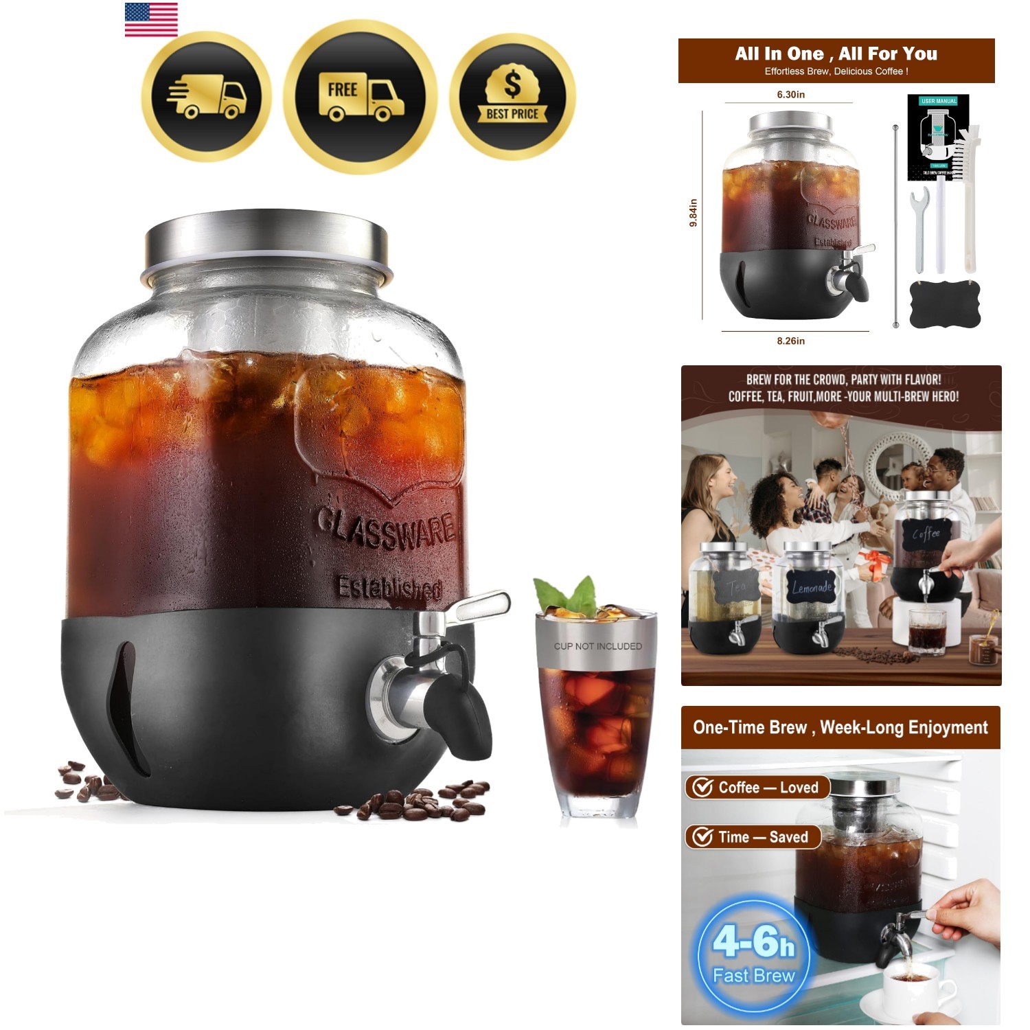 Cold Brew Coffee Maker 1 Gallon Stainless Steel Filter Iced Tea Maker gallery