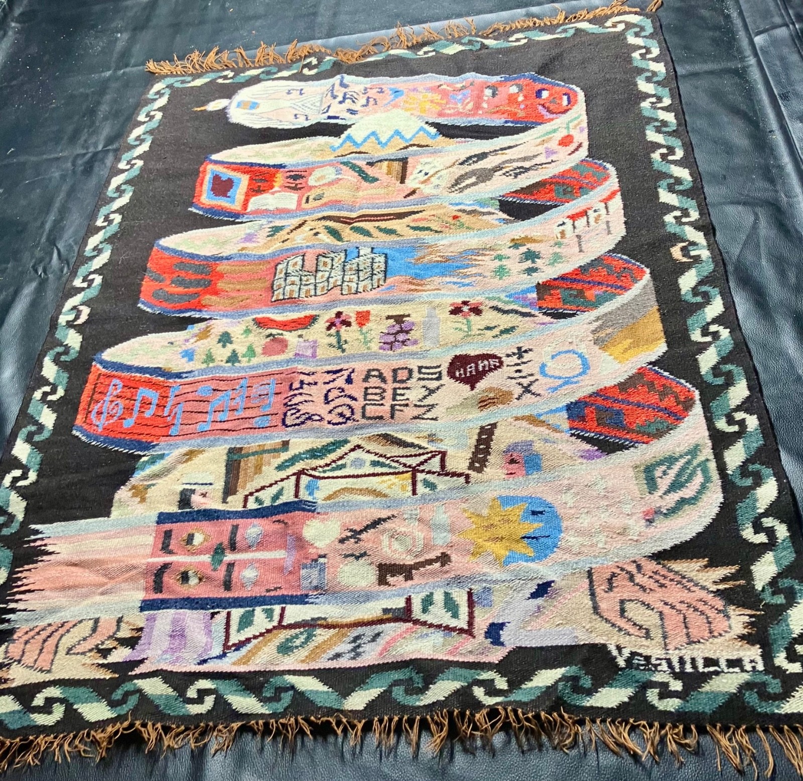 Victor E. Sulca (Sgd V. SULKA) Peru Kilim Wool Woven Tapestry MINT, 33"x 43" gallery