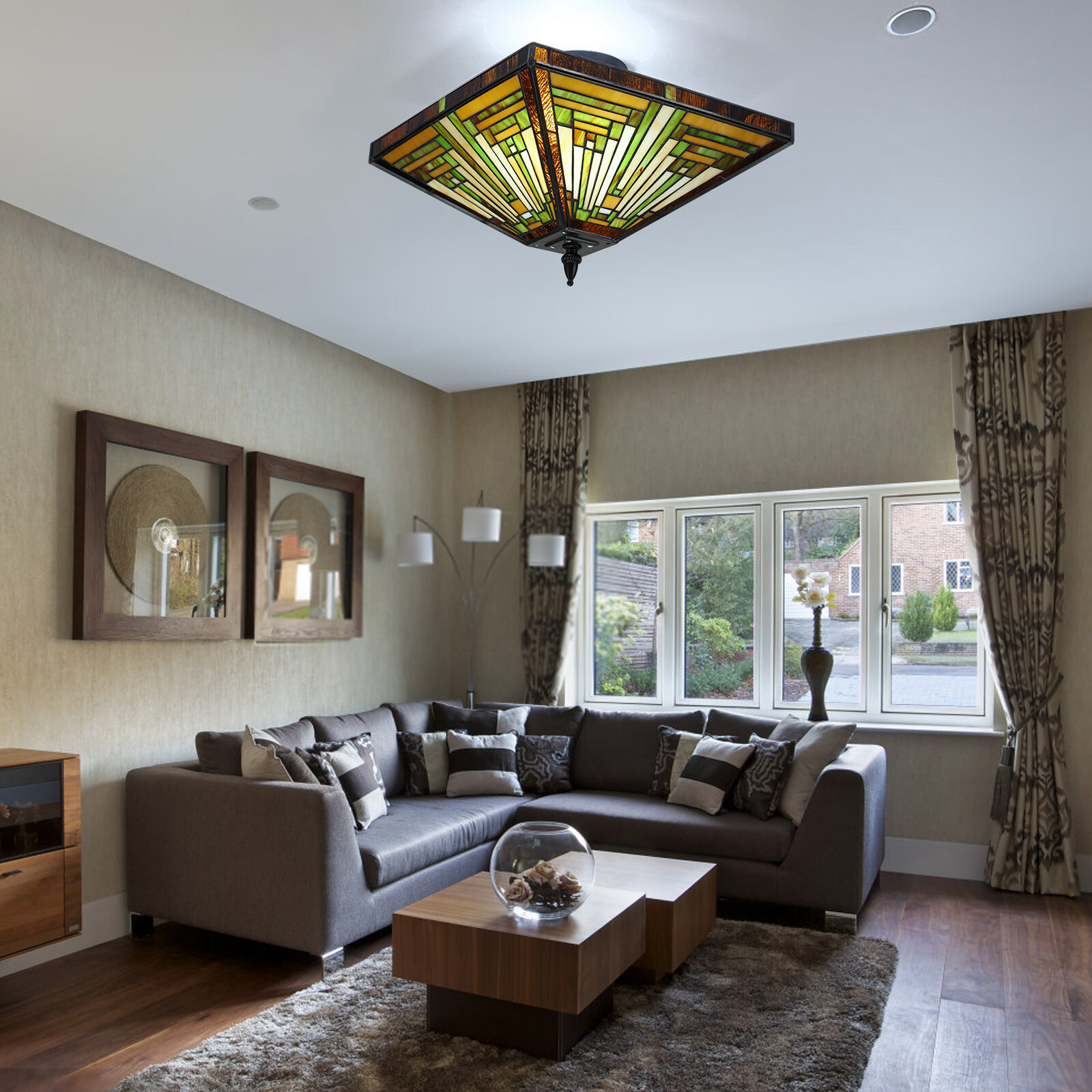 Tiffany Style Chandelier Ceiling Lamp Stained Glass Mission 2-Light Fixture US gallery