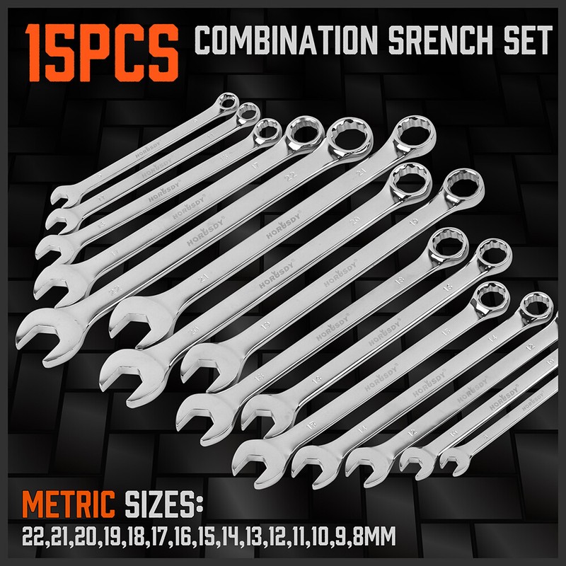 15PC Combination Spanner Wrench Ring Open Ended 8-22mm Metric 12 Point "V" Notch gallery
