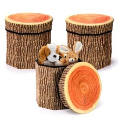 3 Pack Tree Stump Storage Stools, 12 x 12 Inches Folding Stool Ottoman with