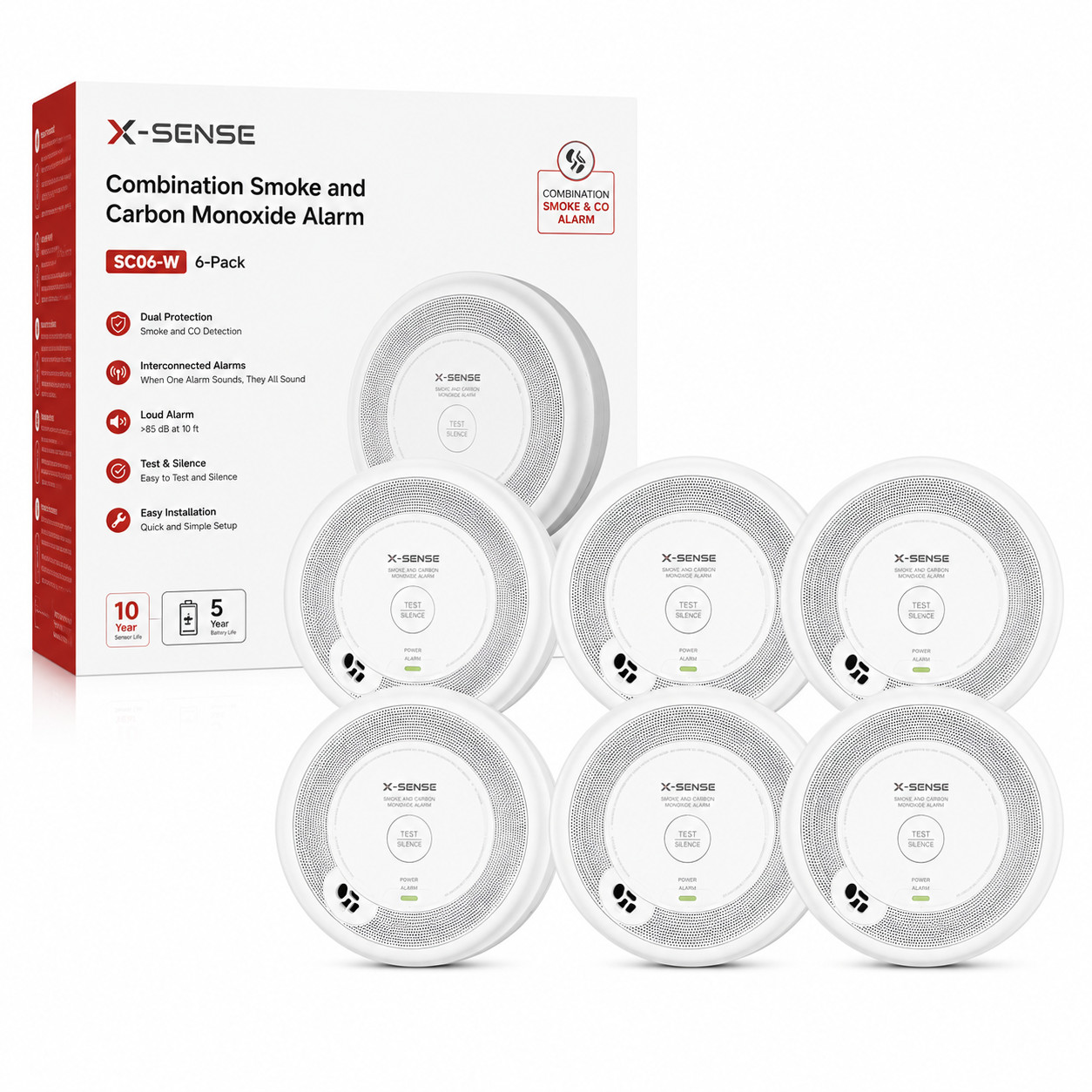 X-Sense SC06-W 6-Pack Wireless Interconnected Smoke & Carbon Monoxide Alarm Dete gallery