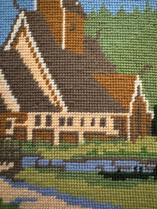 Norwegian Needlepoint Framed Embroidery Wool Norway Stave Church 12" x 15" VTG gallery