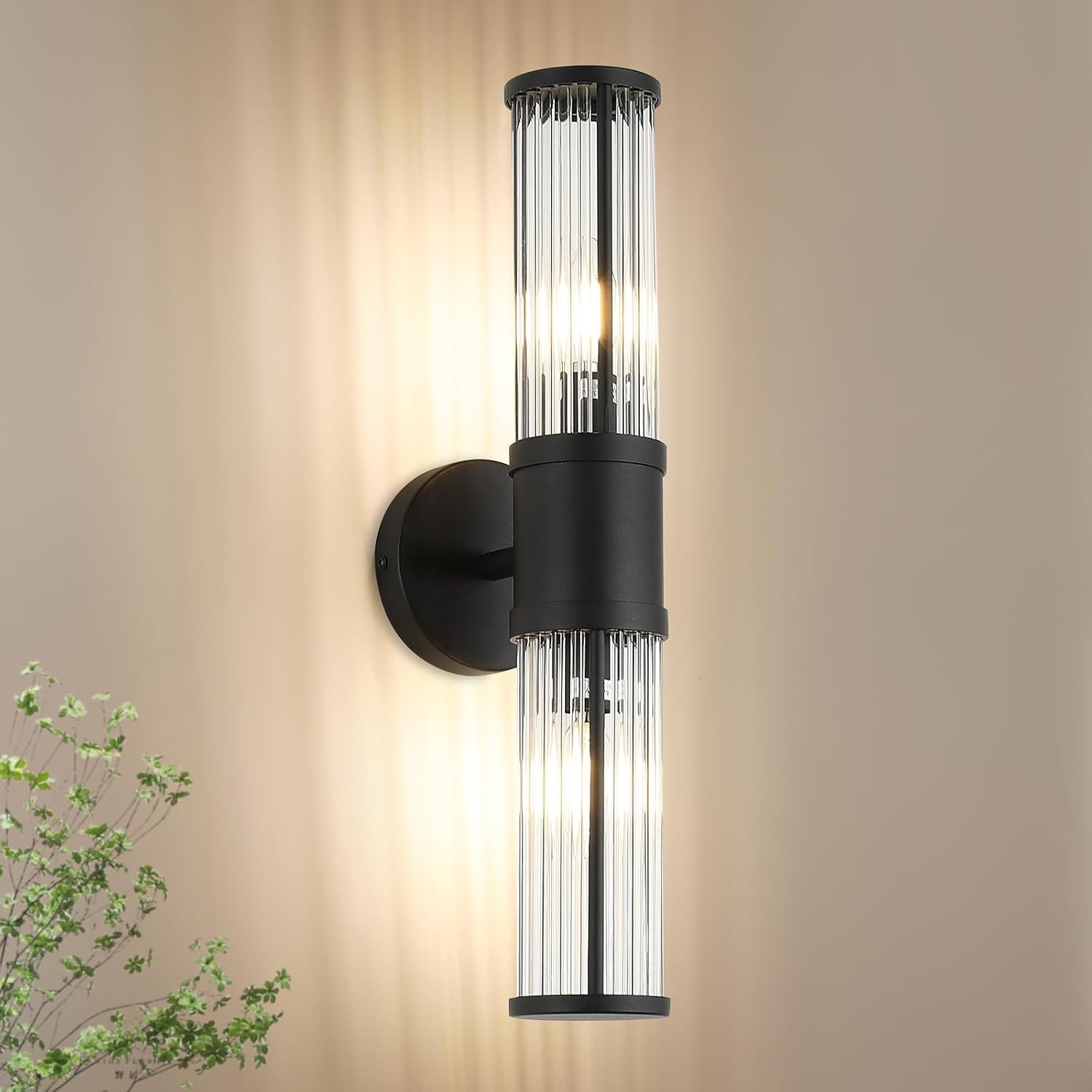 Modern 2-Light Wall Sconce – Matte Black Glass-Rod Vanity Light – 19.7" Vertical gallery