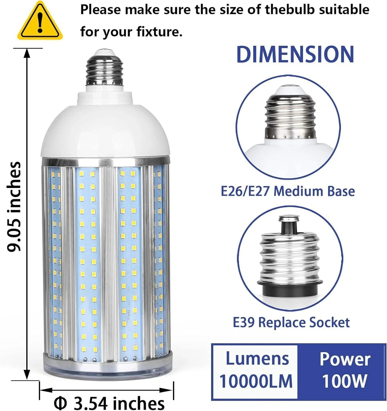 2 Pack 1000W Equivalent 100W LED Corn Bulb, 10000 Lumen 5000K Daylight White ... gallery
