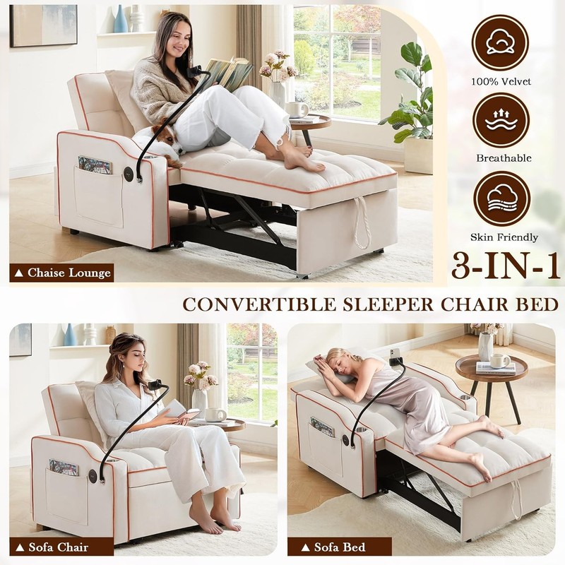 Convertible Sofa Bed 3-in-1 Pull Out Sleeper Chair with Type C & USB Ports gallery