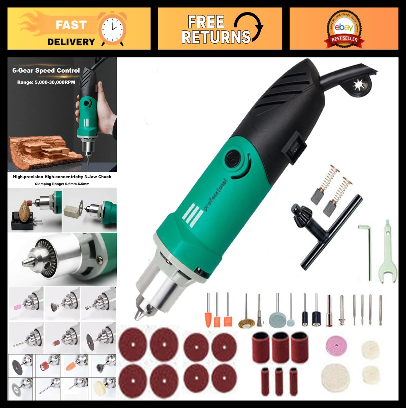 Powerful Electric Die Grinder 480W Rotary Tool, 6-Speed Adjustable, 30000RPM gallery