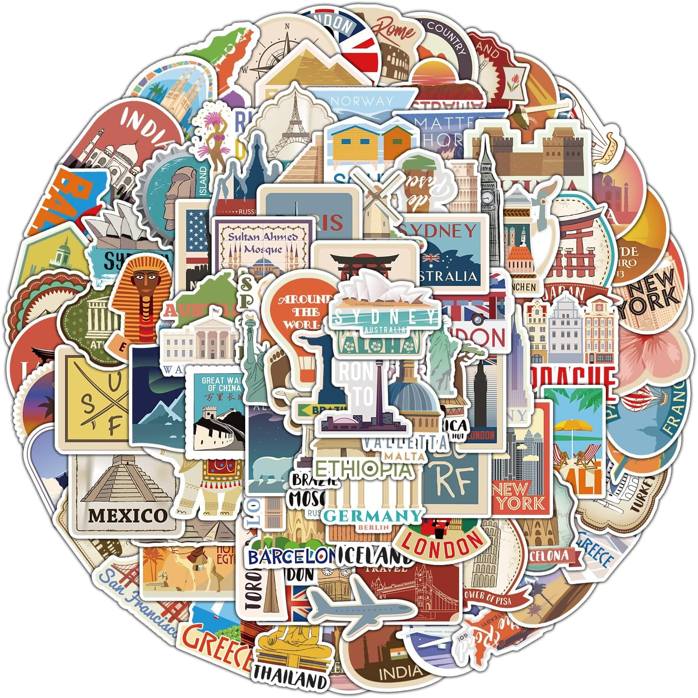 100 PCS Waterproof Travel Stickers – Map & Landmark Vintage Aesthetic Vinyl Set gallery