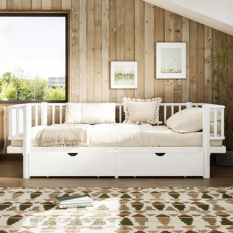 Full Size Metal MDF Platform Bed Frame Daybed Slatted W/ Storage Drawers White gallery