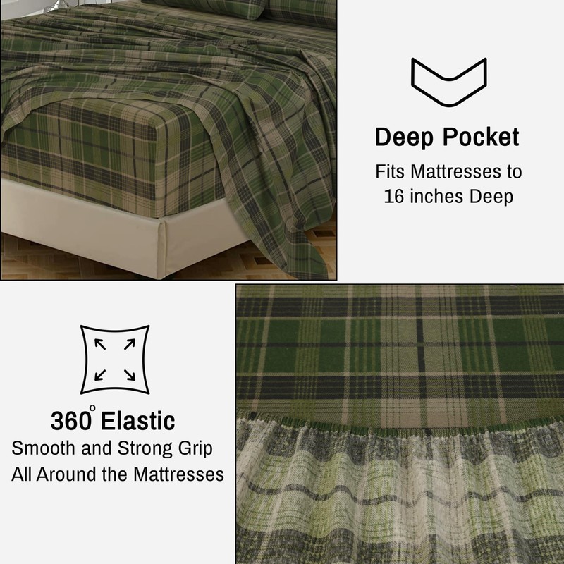 RUVANTI 100% Cotton 4 Pcs Flannel Sheets Green & Grey Plaid Full Sheets , Deep gallery