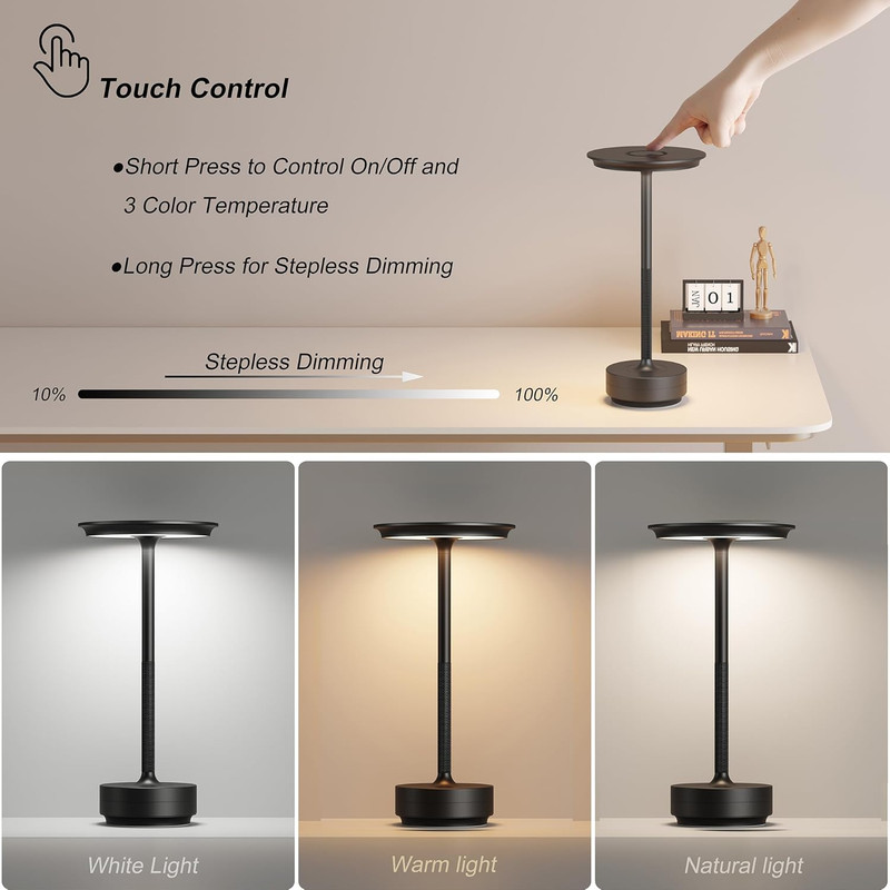 Rechargeable 2-Pack Cordless LED Table Lamp with Touch 3 Color Dimming -Portable gallery