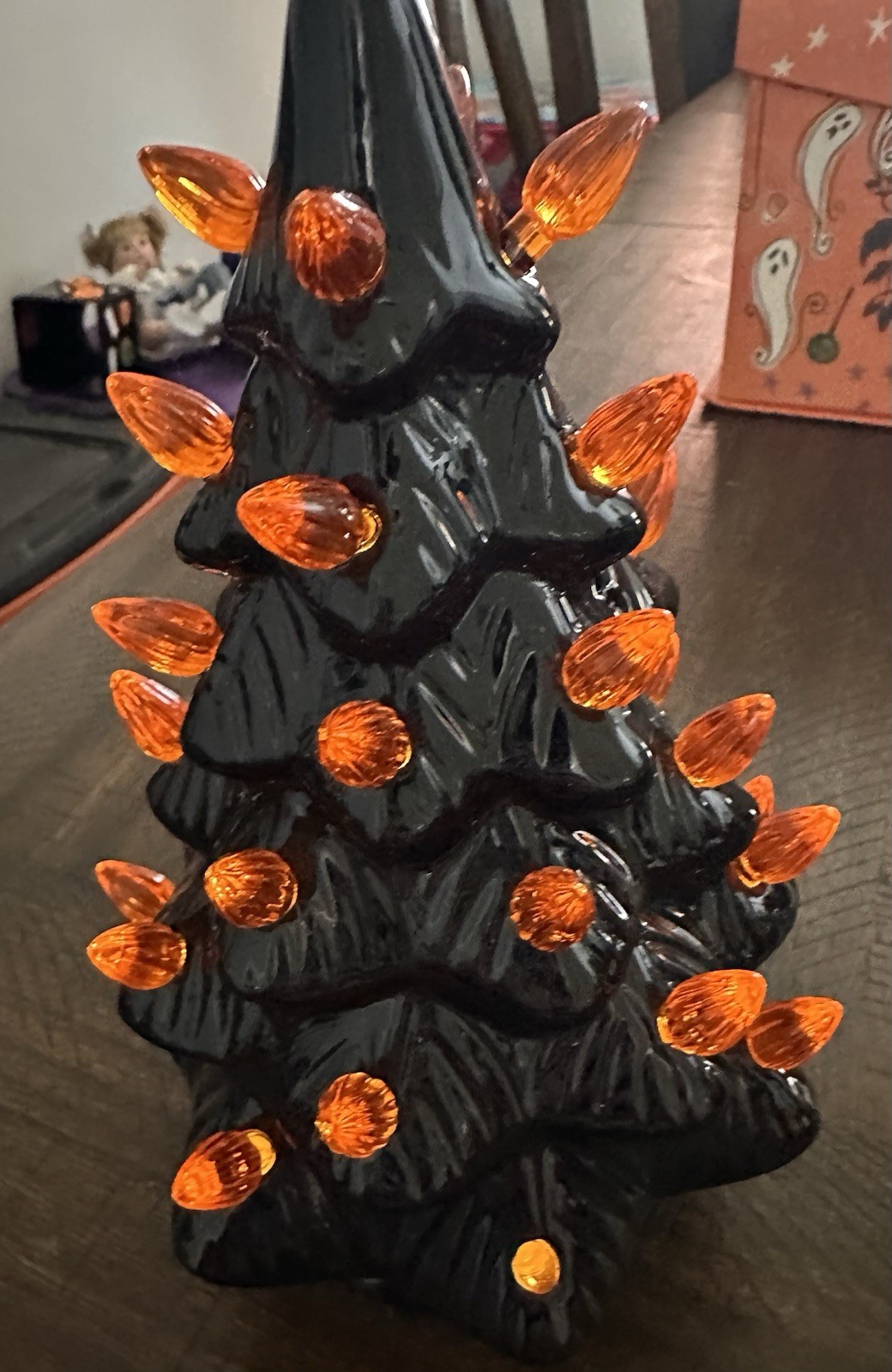 Halloween Black/ Orange Light Up Tree Ceramic Battery Spooky Season Retro gallery