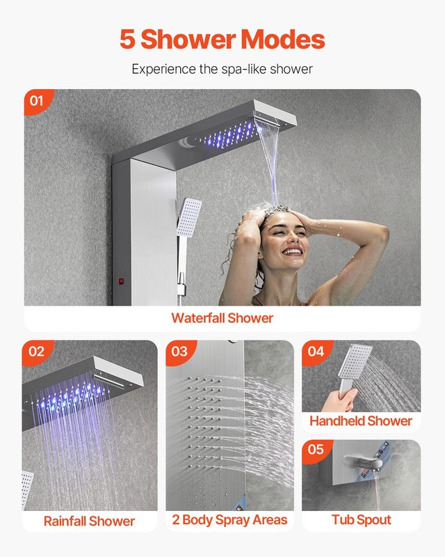 VEVOR Shower Panel Tower System Stainless Steel Column Rainfall Waterfall Head gallery