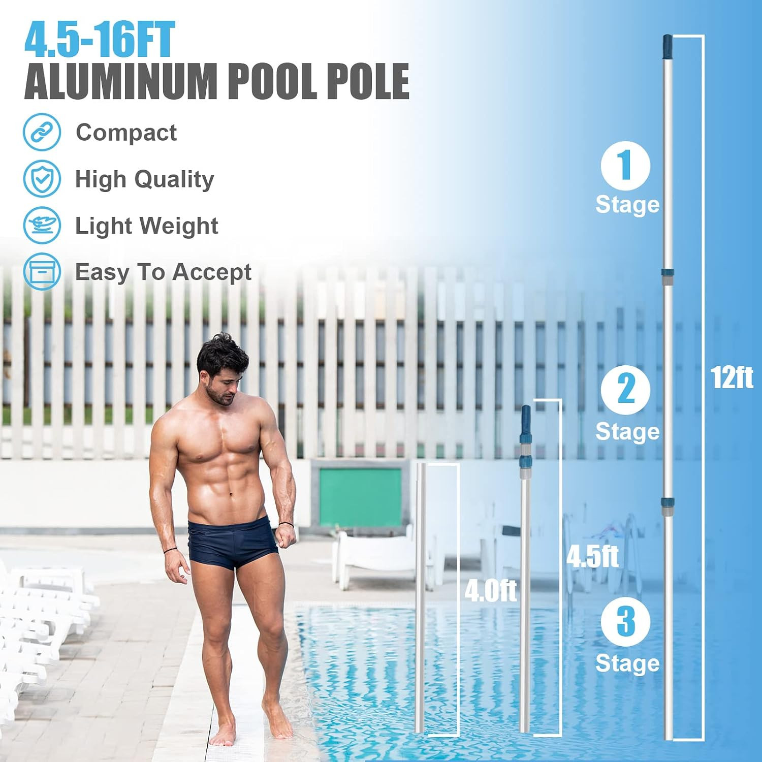 Professional 16 Foot Telescopic Aluminum Swimming Pool Pole - Attach Connect Ski gallery