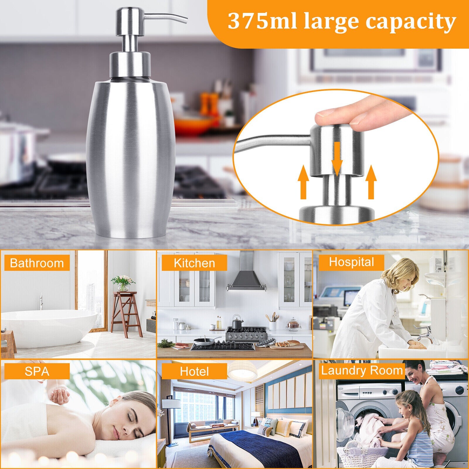 375ML Sink Soap Dispenser Kitchen Stainless Steel Hand Liquid Pump Lotion Bottle gallery