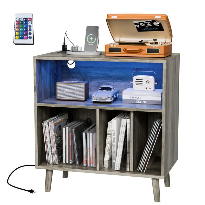 Vinyl Record Player Table with Power Outlet & LED Light for Living Room Bedroom gallery