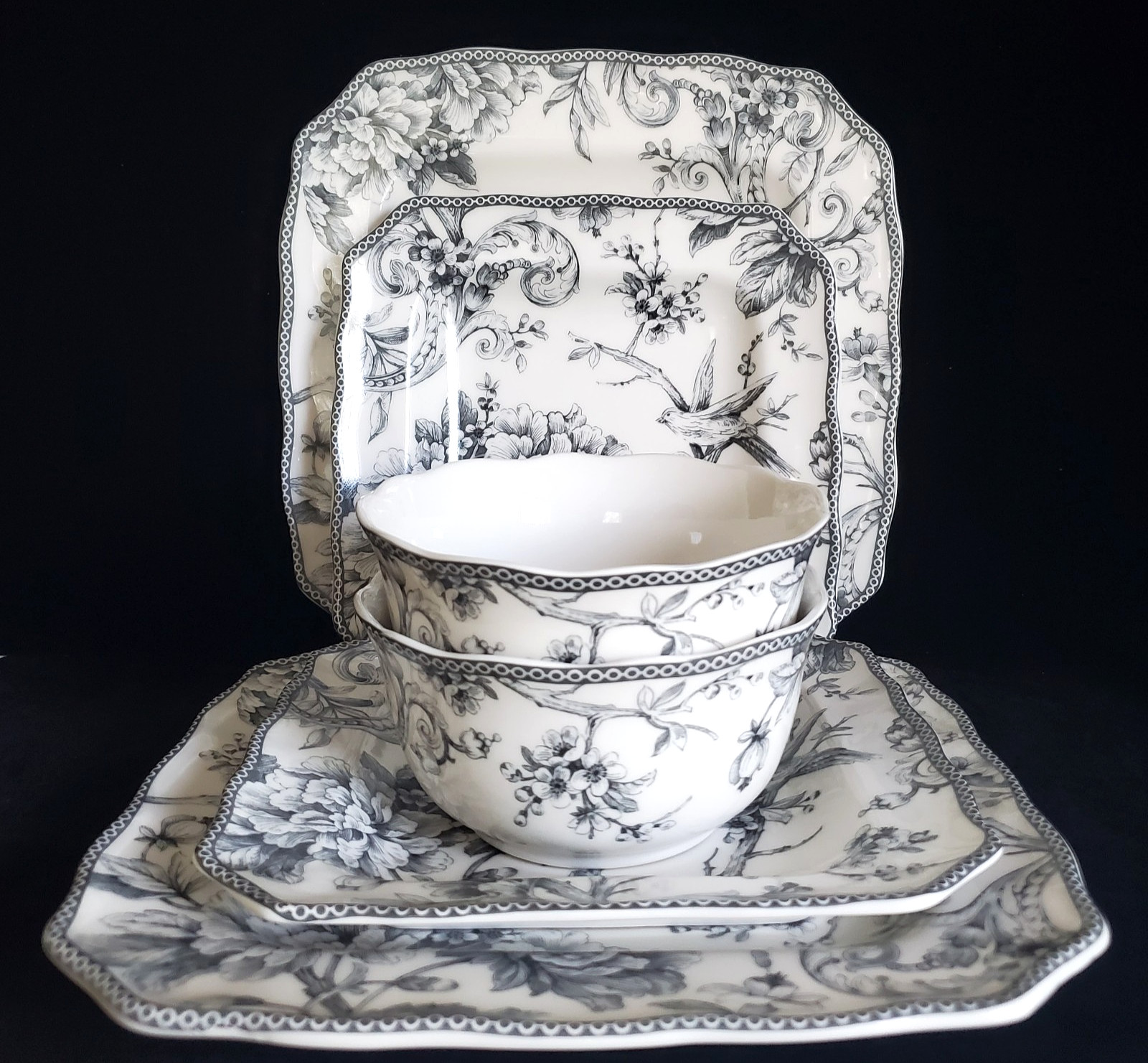 (6) 222 FIFTH ADELAIDE GREY & WHITE SOUP BOWLS, DINNER & SALAD PLATES INDONESIA gallery