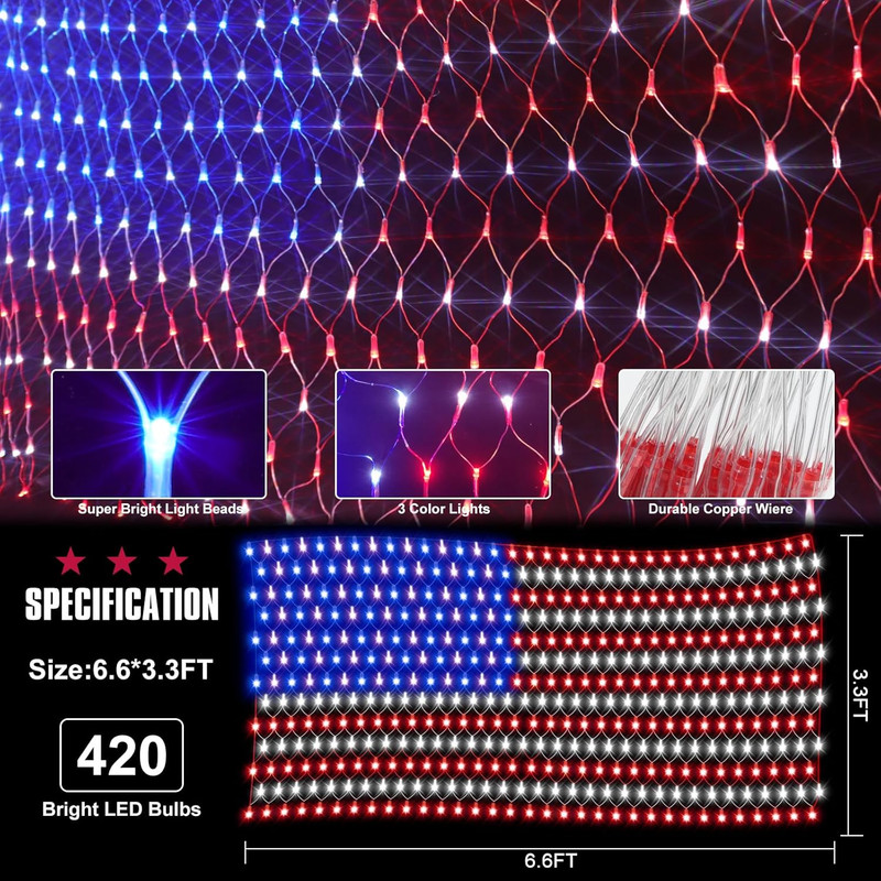 American Flag Lights Waterproof Flag Net Light of the United States with 420 Sup gallery