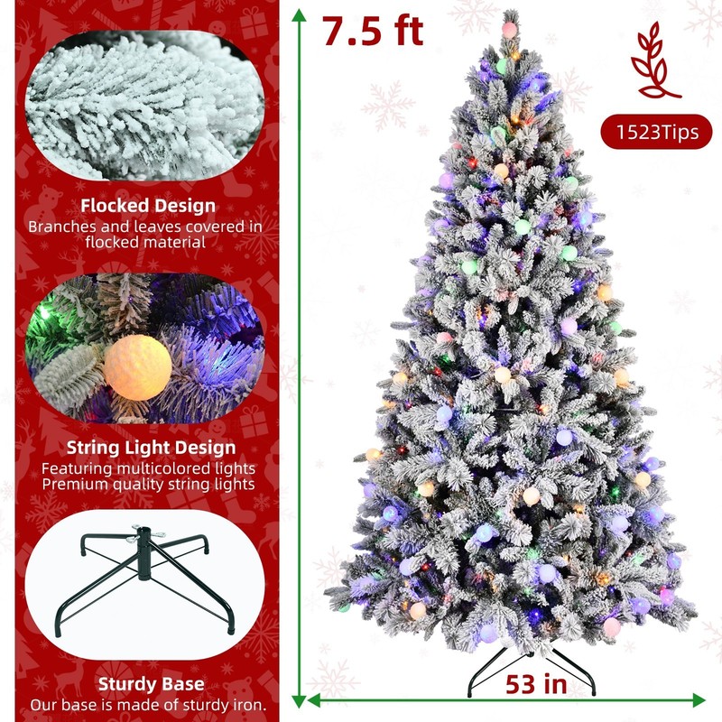 Artificial 7.5ft Flock Christmas Tree 1523 Mixed Branch Tips 400 lights Decor gallery