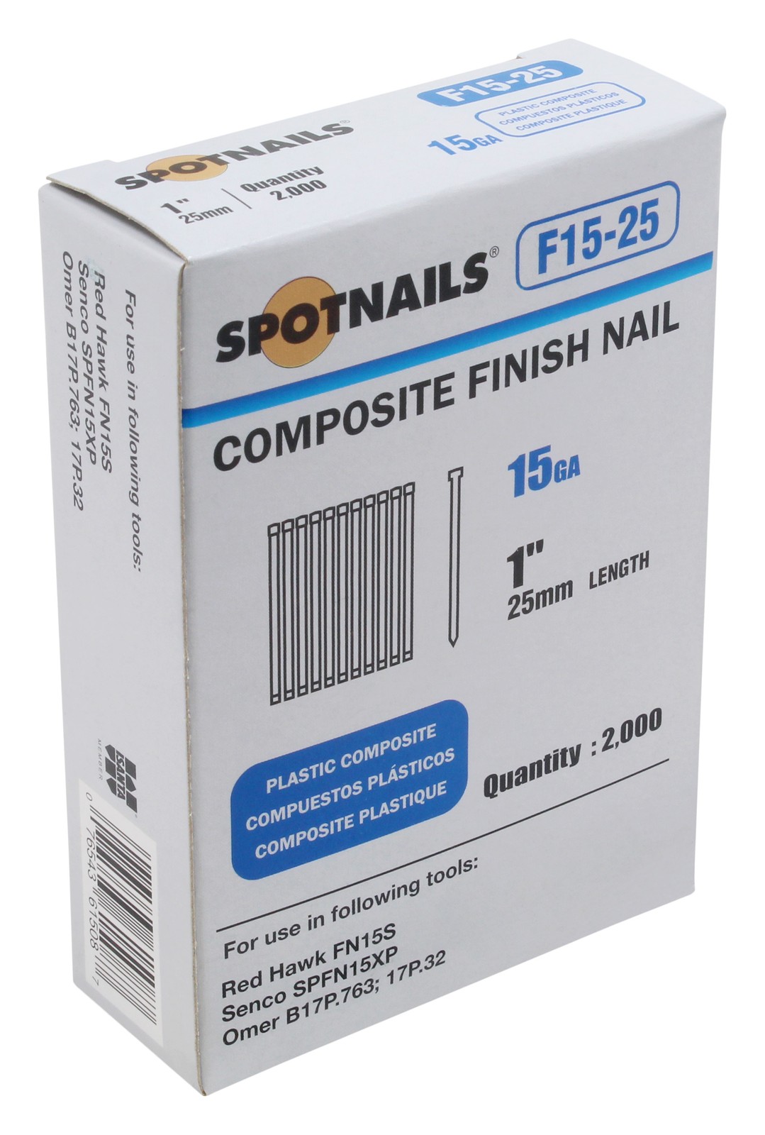 Spotnails F15-25 15GA 1" Plastic Composite Finish Nail, 2000ct gallery