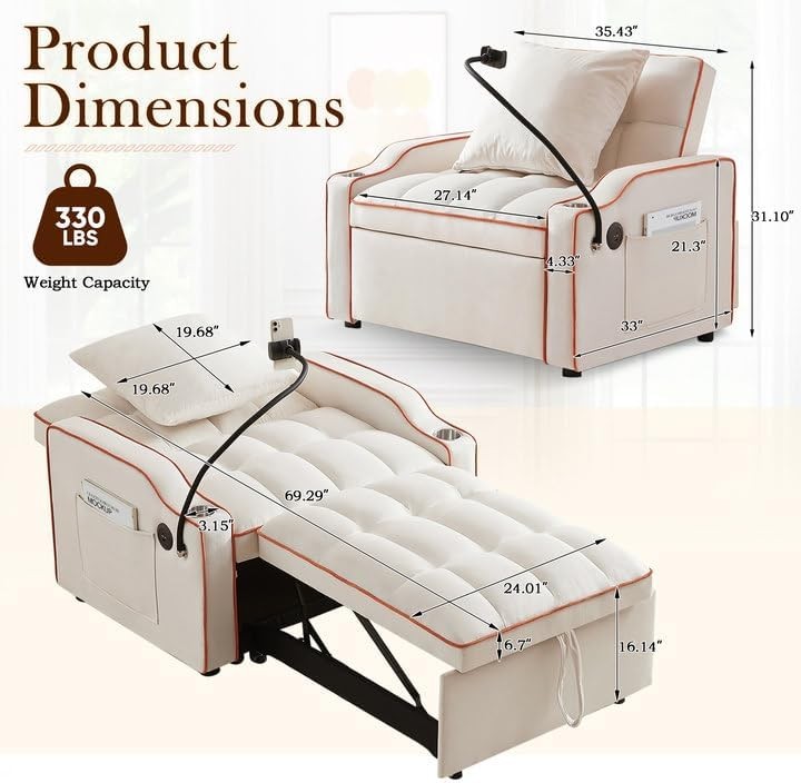 Convertible Sofa Bed 3-in-1 Pull Out Sleeper Chair with Type C & USB Ports gallery