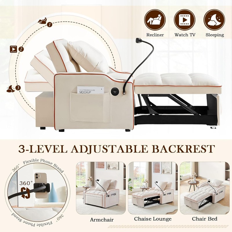 Convertible Sofa Bed 3-in-1 Pull Out Sleeper Chair with Type C & USB Ports gallery