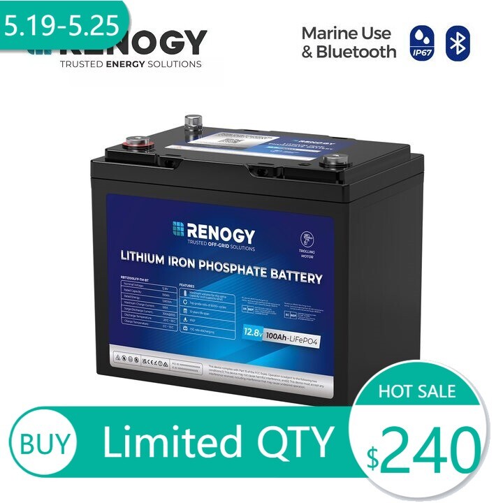 Renogy 12V 100Ah Trolling Motor Lithium Iron Phosphate Battery with Bluetooth gallery