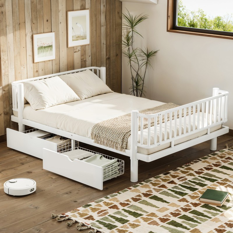 Full Size Metal MDF Platform Bed Frame Daybed Slatted W/ Storage Drawers White gallery