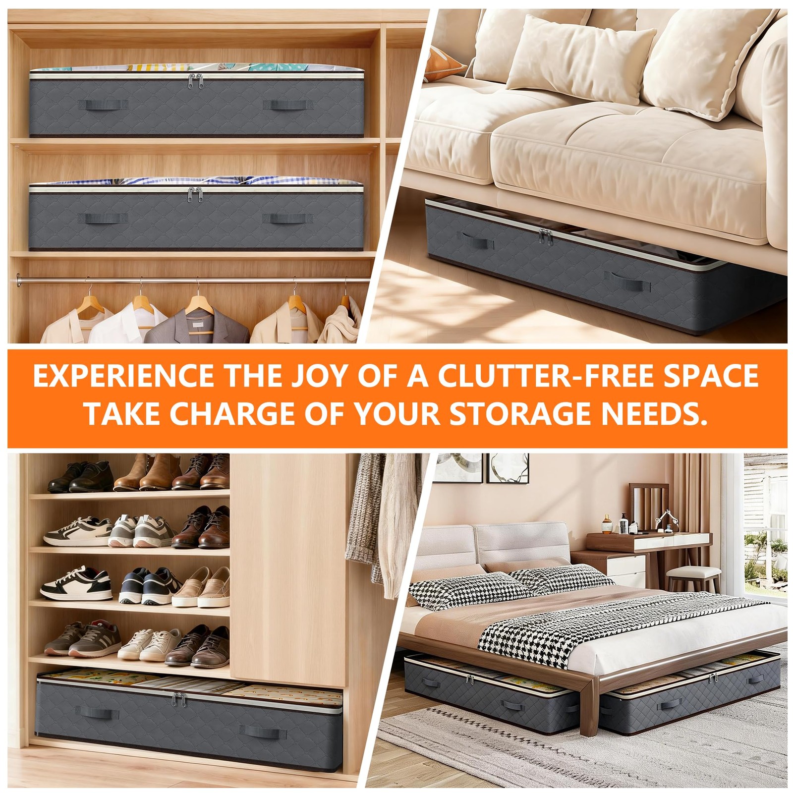 90L Under Bed Storage Bins, 4-Pack Transparent Organizers with Lids, Grey gallery