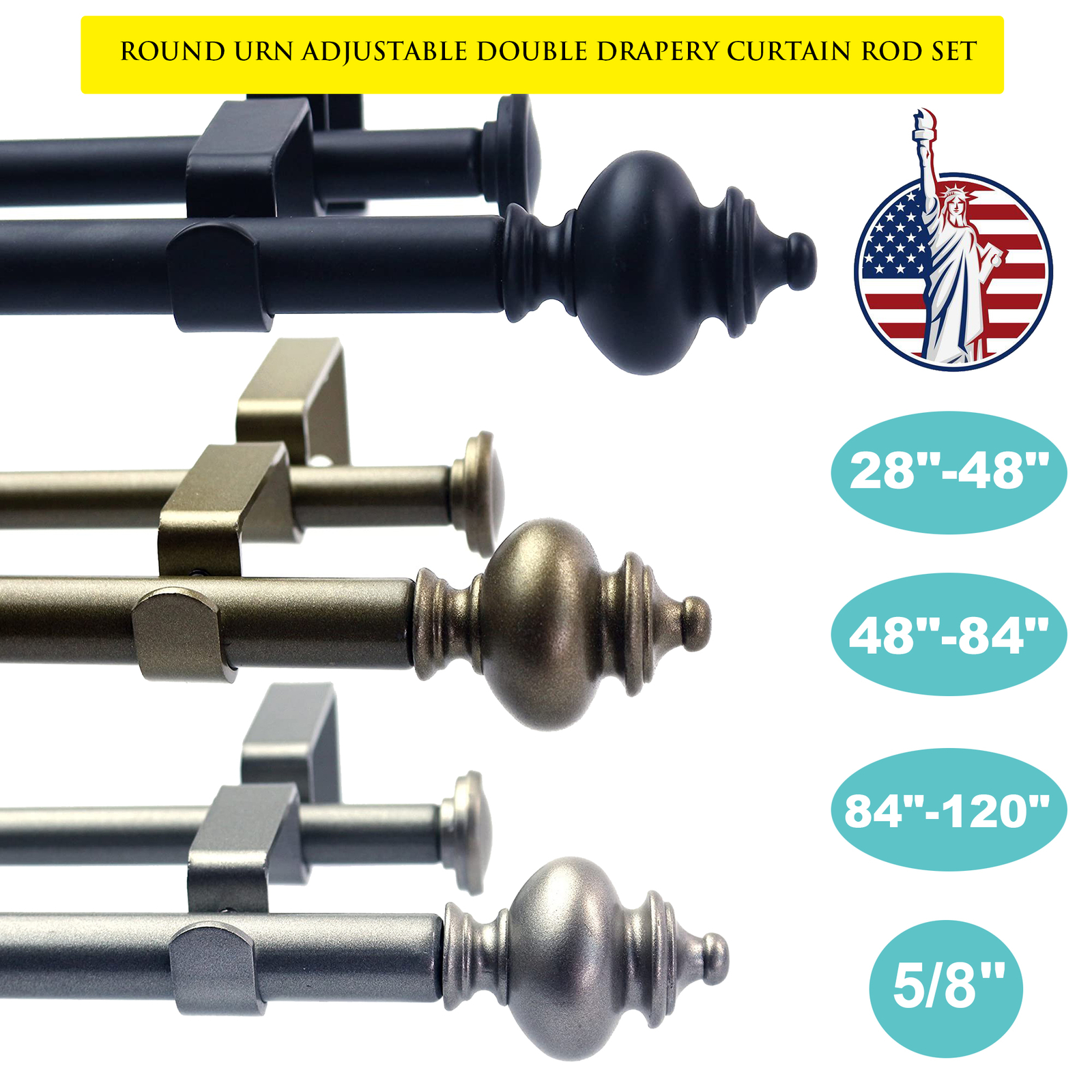 Round Urn Adjustable Double Drapery Curtain Rod Set 28"-48"/ 48"-84"/ 84"-120" gallery